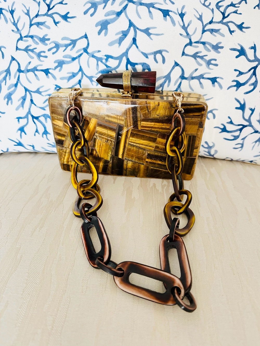 Tiger Eye Natural Stone Box Clutch with Link Chain Strap